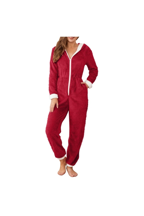 Fleece Long Sleeve Zip-Up Hooded Onesie Pajamas for Women with Pockets Warm Cozy Sleepwear Autumn Winter Indoor Outfit Multiple Sizes