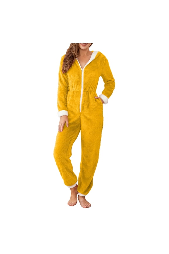 Fleece Long Sleeve Zip-Up Hooded Onesie Pajamas for Women with Pockets Warm Cozy Sleepwear Autumn Winter Indoor Outfit Multiple Sizes