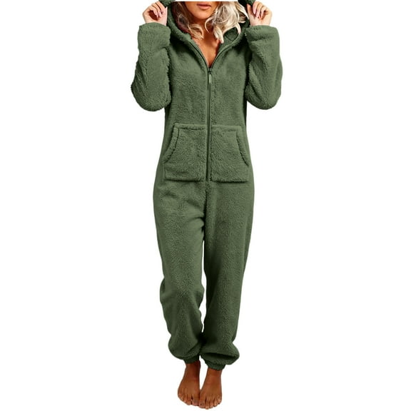 Wensltd Fleece Nightwear for Women Soft Comfortable Various Colors Winter Indoor Outfit Warm Cozy Zip-Up Hooded Jumpsuit Pajamas
