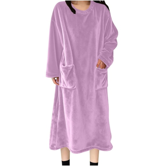 Wensltd Fleece Sleep Robe for Women Plus Size with Pockets Solid Color Warm Nightgown Soft Cozy Sleepwear Blue