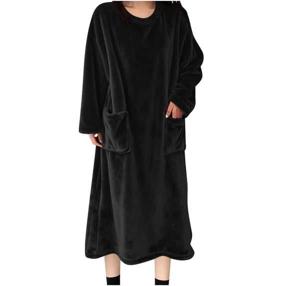 Wensltd Fleece Sleep Robe for Women Plus Size with Pockets Solid Color Warm Nightgown Soft Cozy Sleepwear Blue