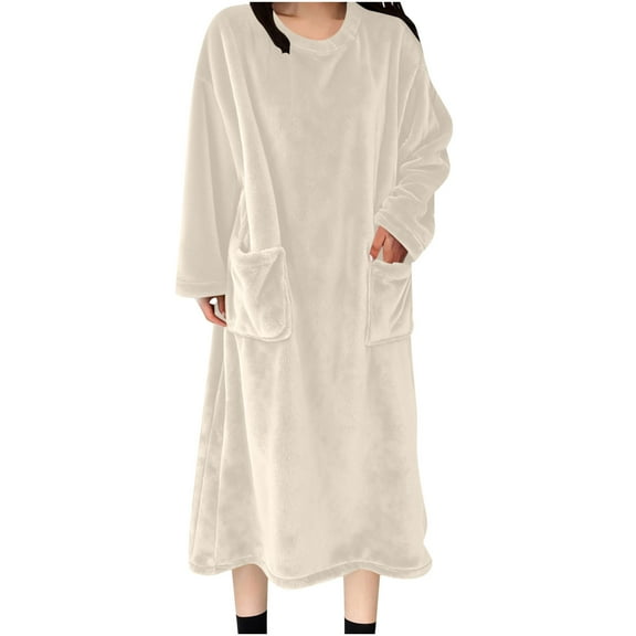 Wensltd Fleece Sleep Robe for Women Plus Size with Pockets Solid Color Warm Nightgown Soft Cozy Sleepwear Blue