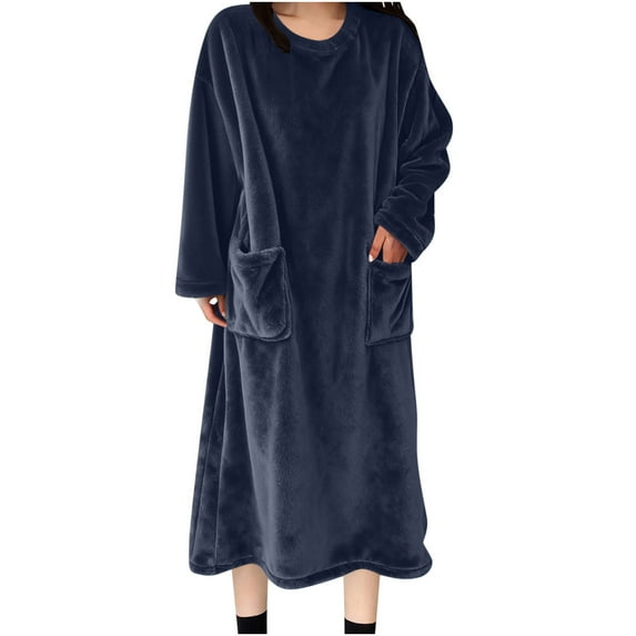 Wensltd Fleece Sleep Robe for Women Plus Size with Pockets Solid Color Warm Nightgown Soft Cozy Sleepwear Blue
