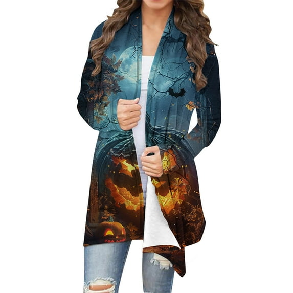 Wensltd Halloween Print Cardigan Top for Women Casual Long Sleeve Fashionable Loose Fit Daily Wear Autumn Winter Outerwear