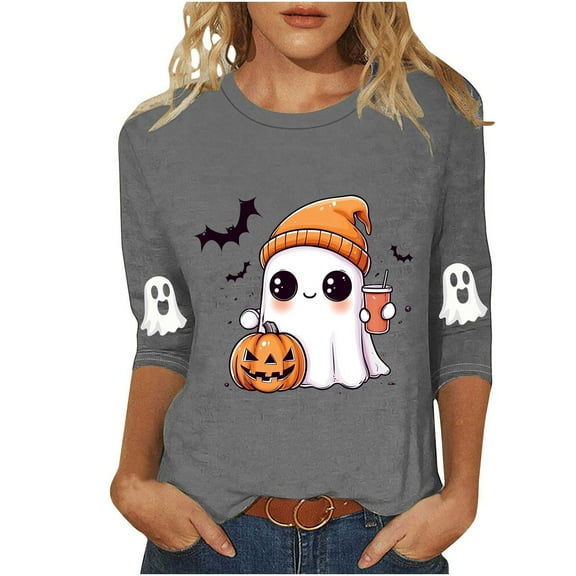 Wensltd Halloween Shirts for Women 3/4 Sleeve Tops Womens Pattern Round Neck Blouses