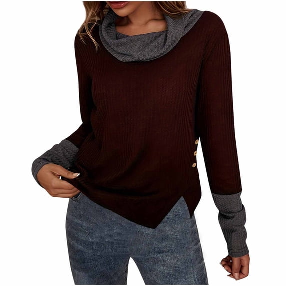 Wensltd High Collar Sweater Women Fall Solid Color Pullover Long Sleeve Tunic Sweater