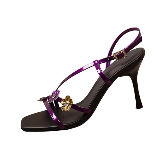 Wensltd High Heels for Women Spring Summer Flower Square Toe Buckle Comfort Casual Versatile Party Work Shoes Purple