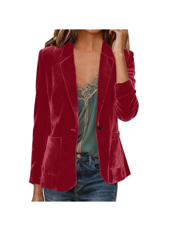 Lapel Blazer for Women Solid Color Velour Long Sleeve Formal Jacket Office Party Dressy Outfit Classic Fit Fashionable Outerwear