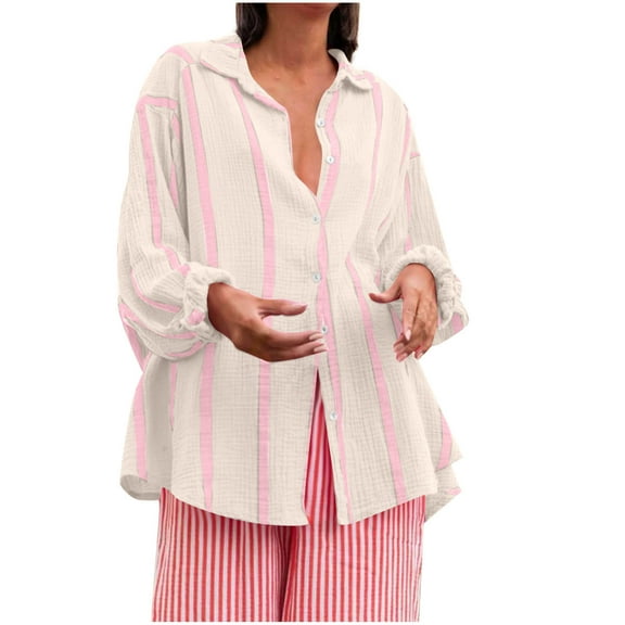 Wensltd Lapel Button Down Shirts for Women Dressy Stripe Printed Long Sleeve Blouse