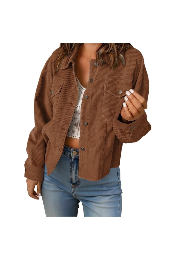 Lapel Button Long Sleeve Cardigan Jacket for Women Spring Fall Fashion Short Jacket Brown