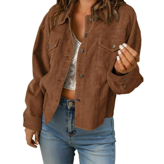 Wensltd Lapel Button Long Sleeve Cardigan Jacket for Women Spring Fall Fashion Short Jacket Brown
