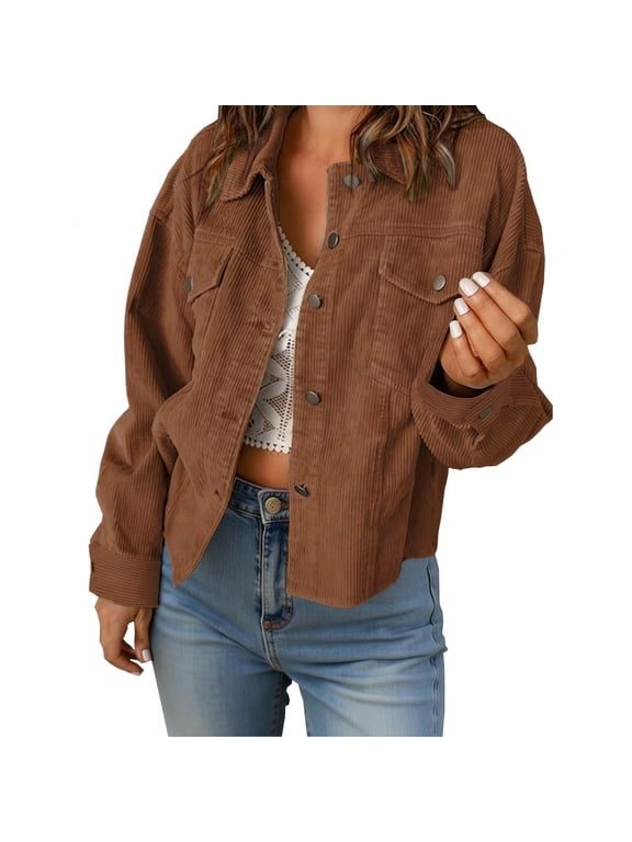 Lapel Button Long Sleeve Cardigan Jacket for Women Spring Fall Fashion Short Jacket Brown