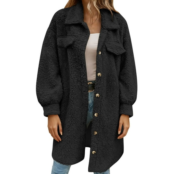 Wensltd Lapel Collar Plush Coat for Women Solid Color Button Front Casual Fall Winter Outerwear