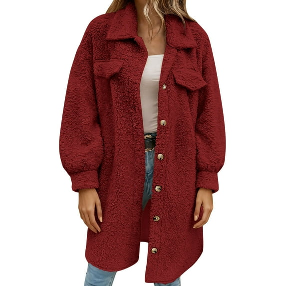 Wensltd Lapel Collar Plush Coat for Women Solid Color Button Front Casual Fall Winter Outerwear