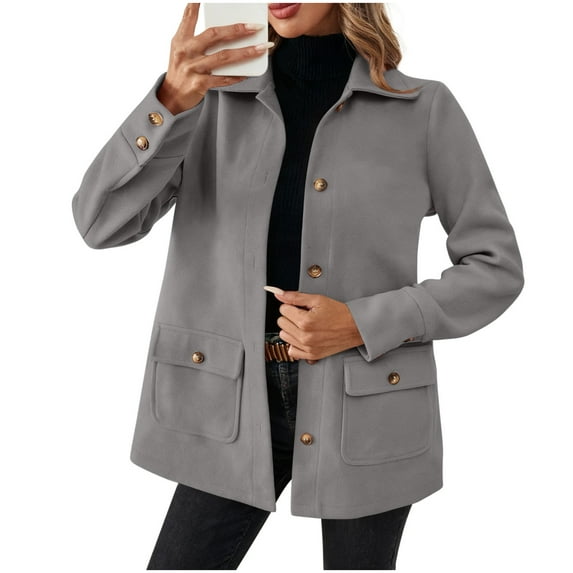 Wensltd Lapel Collar Woolen Coat for Woemn Button Pocket Long Sleeve Solid Color Fashion Outerwear