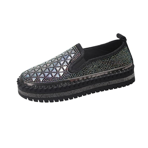 Wensltd Loafers for Women Rhinestone Round Toe Solid Color Spring Fall Slip On Shoes
