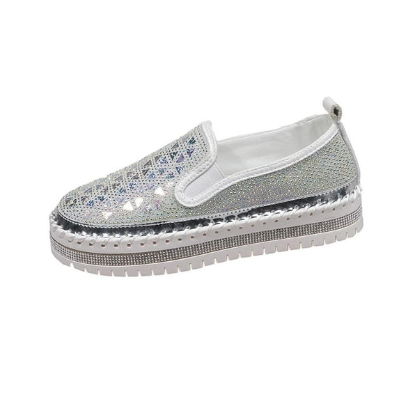 Wensltd Loafers for Women Rhinestone Round Toe Solid Color Spring Fall Slip On Shoes