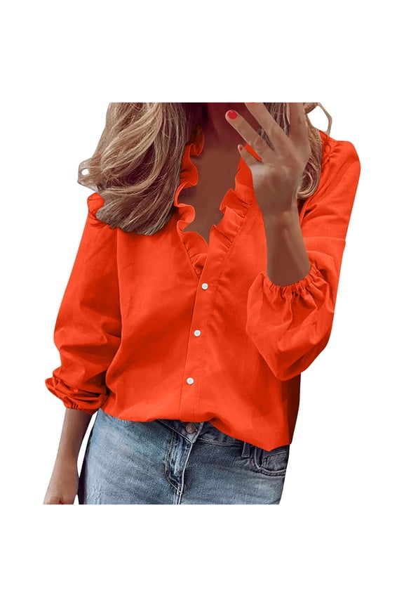 Long Sleeve Casual Blouse for Women Solid Color Ruffle Cuff Long Sleeve Shirt Classic Blouse for Office Orange XXL
