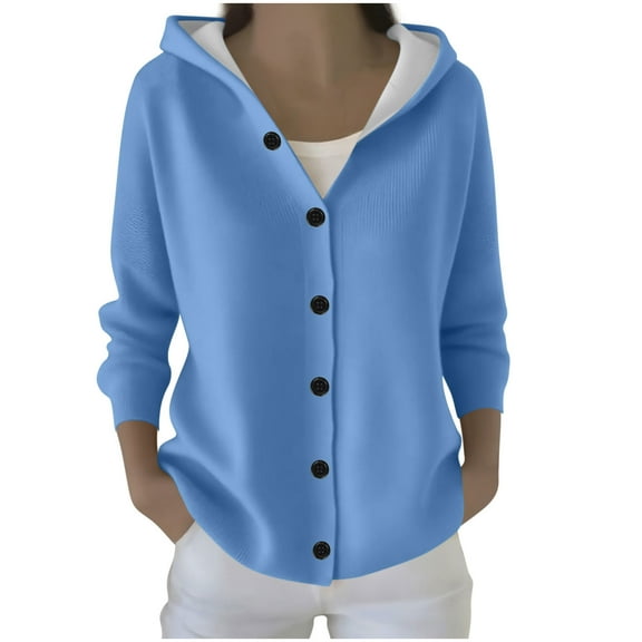 Wensltd Long Sleeve Hooded Cardigan for Women Button Down Solid Color Casual Fashion Outerwear Jacket