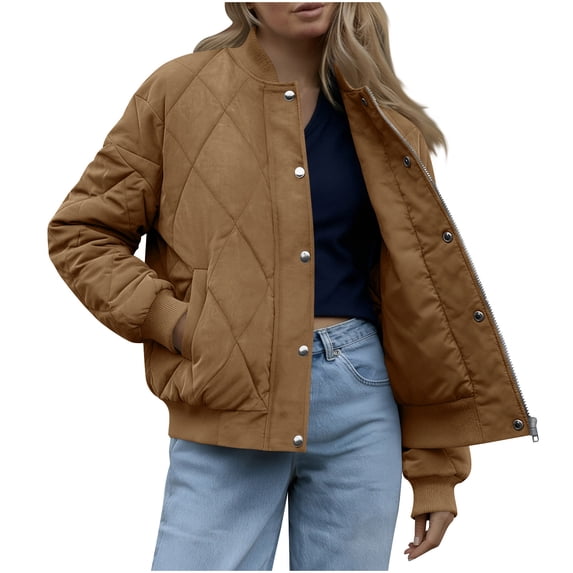Wensltd Long Sleeve Padded Jacket for Women Casual Loose No Hood Jacket Zipper Pocket Comfy Style Multiple Color