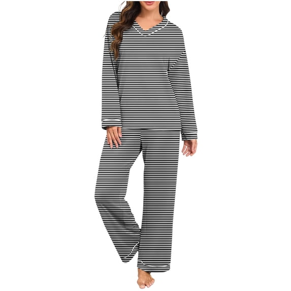 Wensltd Long Sleeve Pajama Set Striped Print Top and Pants Breathable Soft Sleepwear 2 Piece All Seasons Trendy