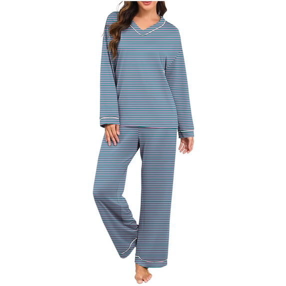 Wensltd Long Sleeve Pajama Set Striped Print Top and Pants Breathable Soft Sleepwear 2 Piece All Seasons Trendy
