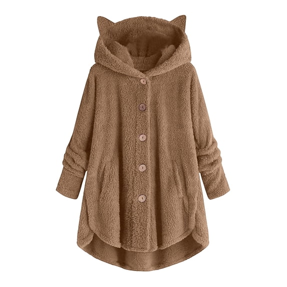Wensltd Long Sleeve Plush Jacket for Women Hooded Loose Fit Fall Winter Outdoor Button Down Jackets