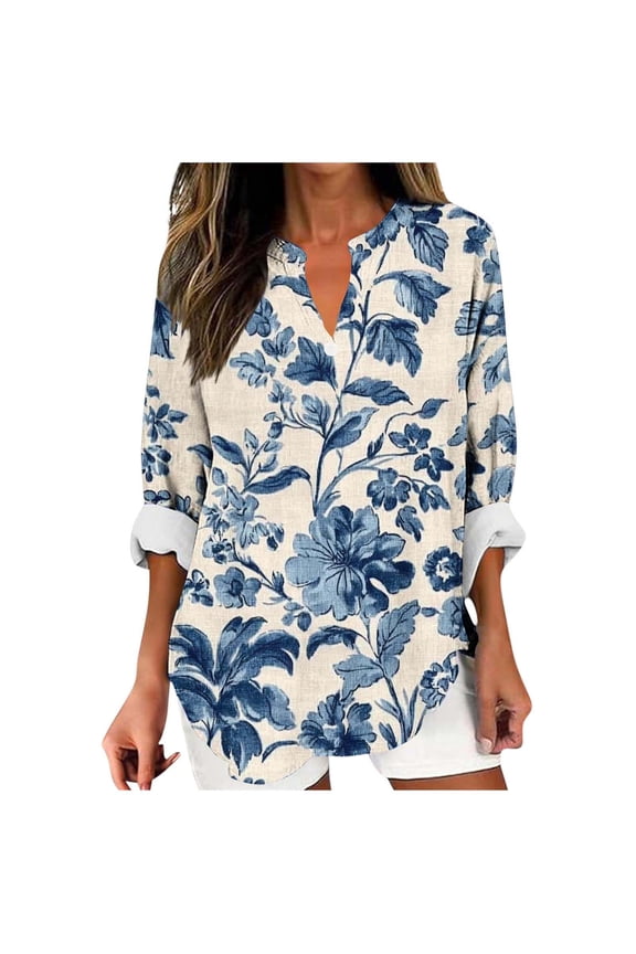 Loose V Neck Tops for Women Printing Long Sleeve T-Shirts Spring Fall Lightweight Casual Blouse