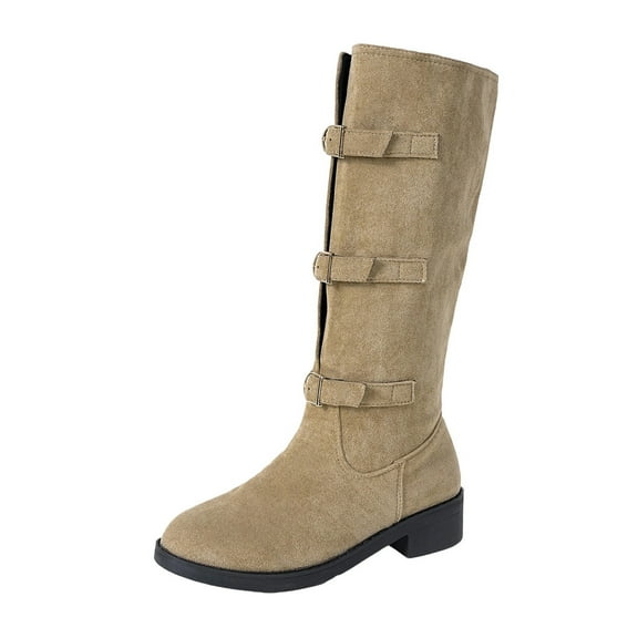 Wensltd Low Block Heel Knee High Boots for Women Round Toe Fall Winter Suede Boots Wide Width