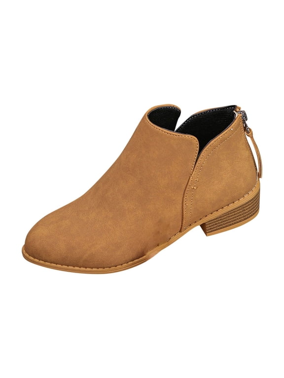 Low Chunky Heel Ankle Boots for Women Brown Comfortable Fall Short Booties Shoes With Side Zipper