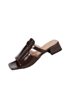Low Heel Shoes Women Square Toe Sandals Open Toe Low Block Heel Versatile Shoes Brown