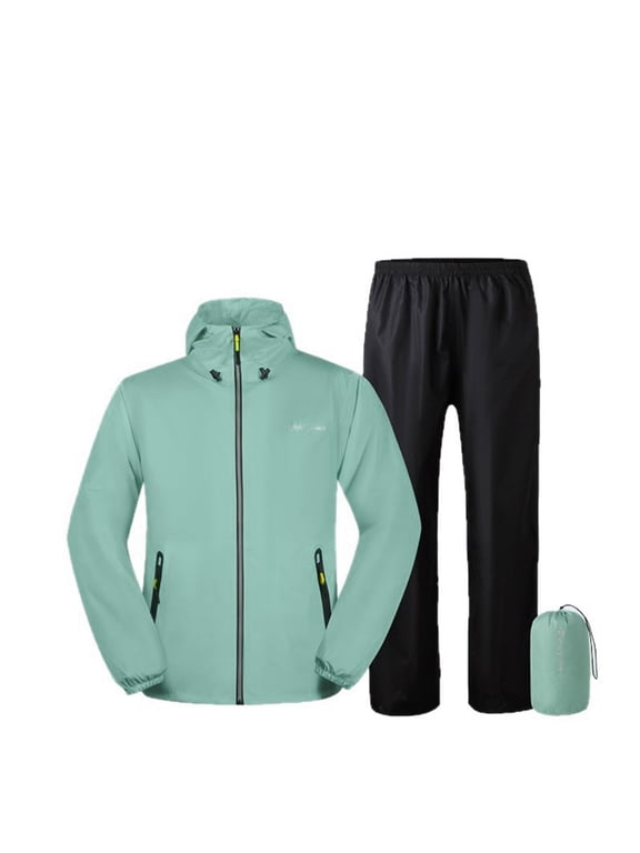 Men Women Waterproof Rain Suit Set Hooded Jacket Elastic Waist Pants Outdoor Rainwear with Storage Bag
