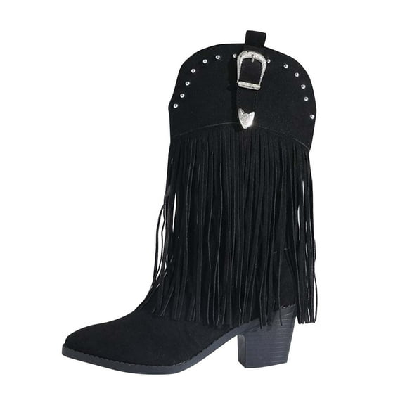 Wensltd Mid Calf Boots for Women Low Heel Chunky Fall Tassel Short Booties with Side Zipper Black