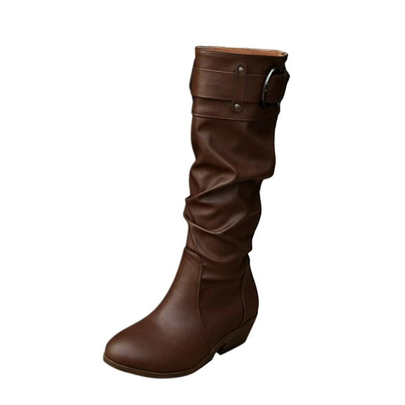 Wensltd Mid Calf Boots for Women Pull On Round Toe Fall and Winter Fashion Comfortable Riding Boots