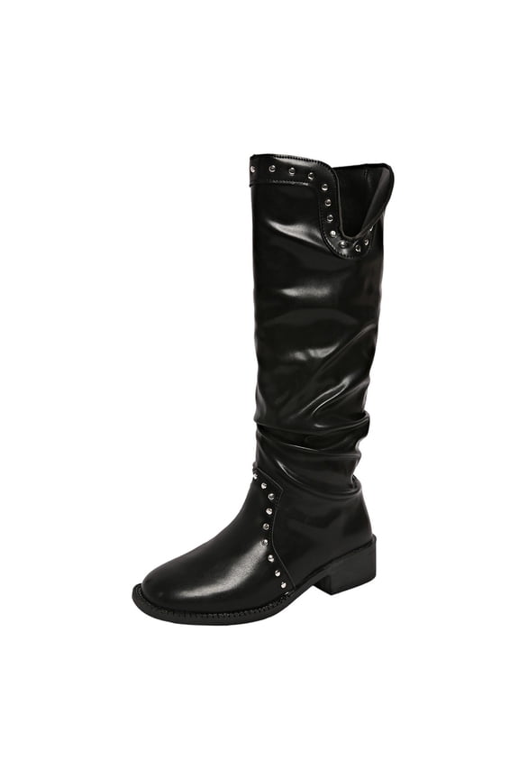 Mid Calf Boots for Women Pull On Round Toe Fall and Winter Fashion Comfortable Riding Boots