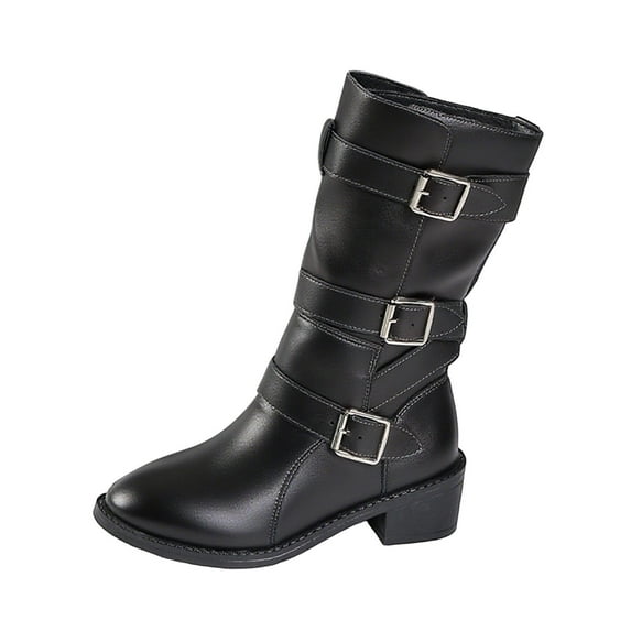 Wensltd Mid Calf Boots for Women Versatile Solid Color Autumn Winter Trendy Low Heel Leather Boots​