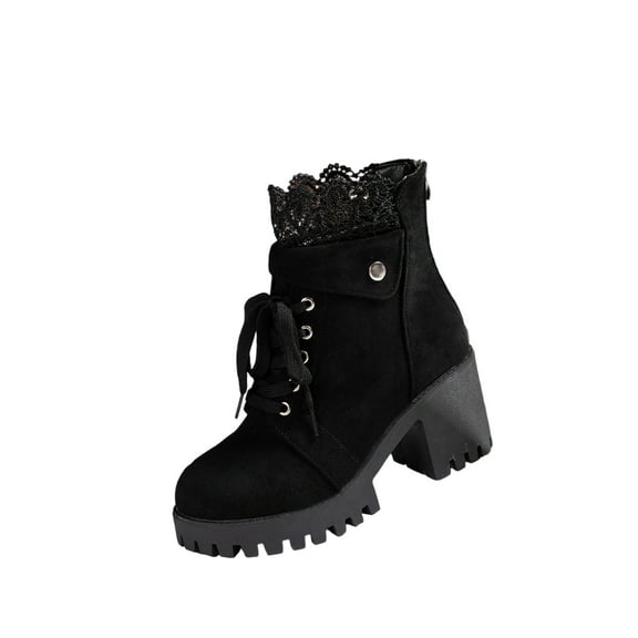 Wensltd Mid Heel Boots Women Lace Up Back Zip Round Toe Block Heel Black Brown Winter Short Boots