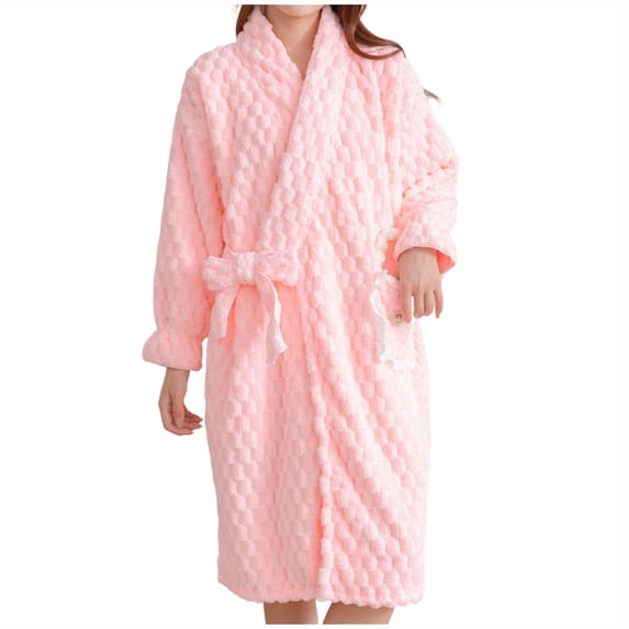 Wensltd Nightwear Robe For Women Solid Plush Fleece V Neck Long Sleeve Belted Midi Bath Robe