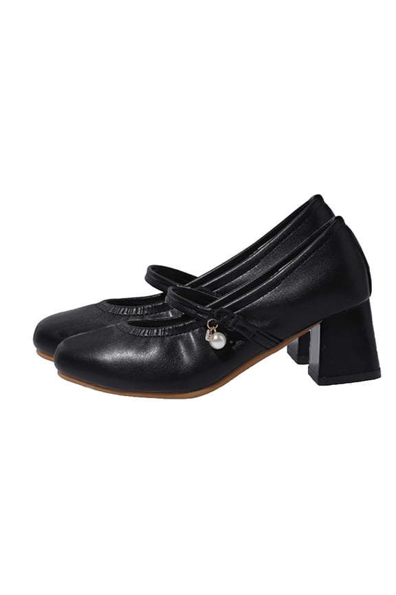 Office Party Heels for Women Retro Round Toe Comfortable Low Cut Buckle Solid Color Versatile Trendy Pumps