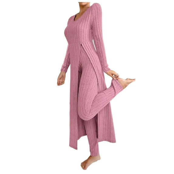 Wensltd Pajama Set for Women Round Neck Long Sleeve Solid Color Sleepwear Comfortable Long Tops and Pants
