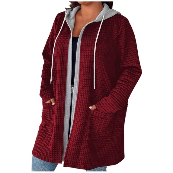 Wensltd Plus Size Hooded Coat for Women Casual Open Front Long Sleeve Jacket Patchwork Pockets Solid Color Loose Fit