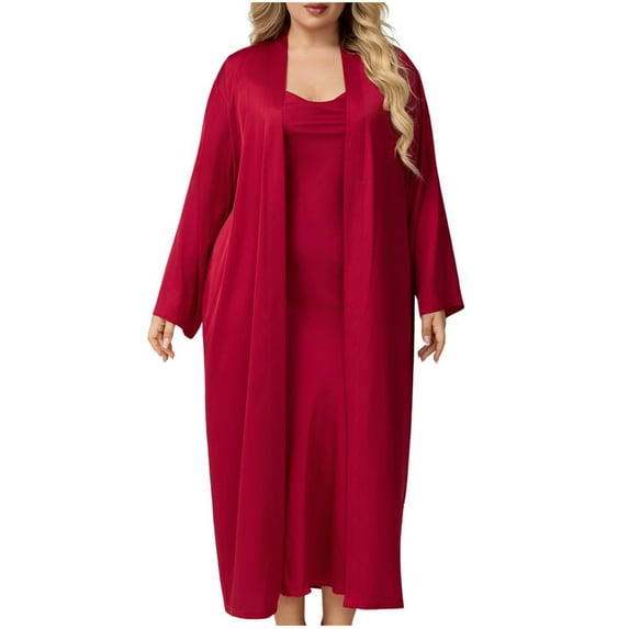 Wensltd Plus Size Nightgown Set for Women 2 Piece Solid Color Comfortable Long Sleeve Robe Home Clothes