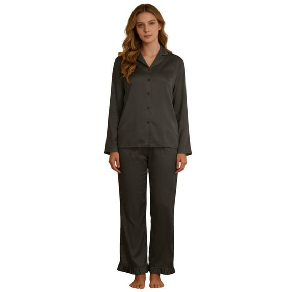 Wensltd Plus Size Nightwear Set Womens Solid Color Satin Silk Long Sleeve and Long Pant Loose Pajama Set