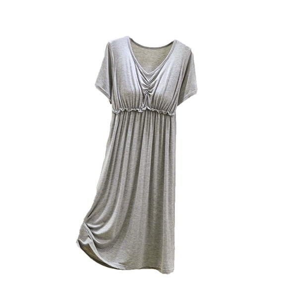 Wensltd Plus Size Sleepshirt for Women V Neck Solid Color Short Sleeve Nightdress With Built In Bra Comfy Outdoor Home Wear