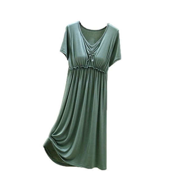 Wensltd Plus Size Sleepshirt for Women V Neck Solid Color Short Sleeve Nightdress With Built In Bra Comfy Outdoor Home Wear