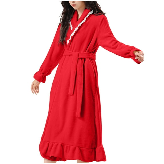 Wensltd Plus Size Thick Fleece Robe for Women Long Sleeve Solid Color Warm Bathrobe with Pockets Ruffled Trim Cozy Soft Sleepwear for Winter Fall