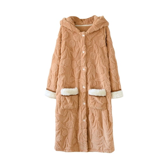 Wensltd Plush Solid Color Bathrobe for Women Hooded Button Front with Pockets Long Sleeve Loungewear for Fall Winter