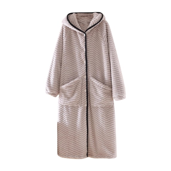 Wensltd Plush Solid Color Bathrobe for Women Hooded Button Front with Pockets Long Sleeve Loungewear for Fall Winter