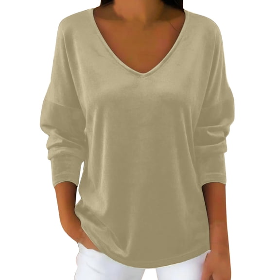Wensltd Pullover Velvet Top for Women Solid Color V Neck Long Sleeve Soft Casual Comfort Wear Simple Basic Shirt