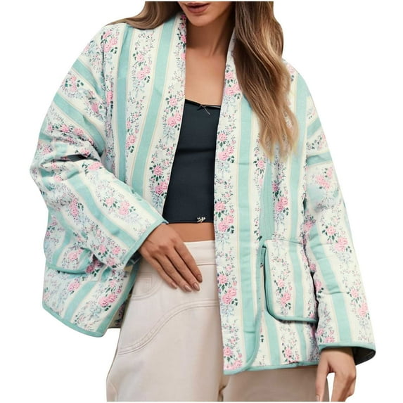Wensltd Quilted Jackets for Womens Lightweight Floral Print Winter Open Front Cardigan Coats with Pockets